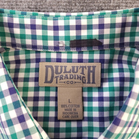 Duluth Trading Shirt Large Green Blue Gingham Check Long‎ Sleeve Button Down - Picture 3 of 7